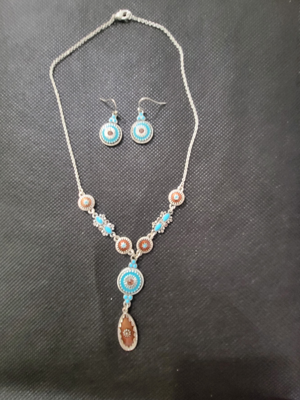 1980's Vintage Avon Turquoise & Bronze Enamel Necklace And Earring Set